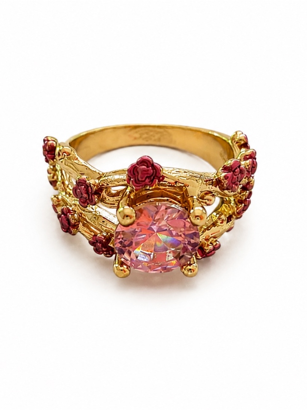 Gold toned Floral Ring with Pink Crystal Center - Women Jewelry
